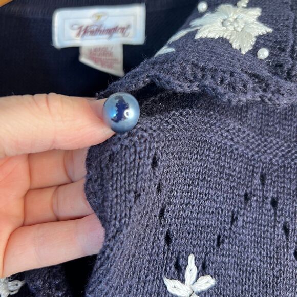Worthington Vintage Navy Embroidered Crochet Knit Short Sleeve Sweater Large - Picture 11 of 11